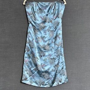 Vtg Morrell Maxie Dress 10 Blue Satin Brocade Strapless Floral Cocktail‎ 90s y2k